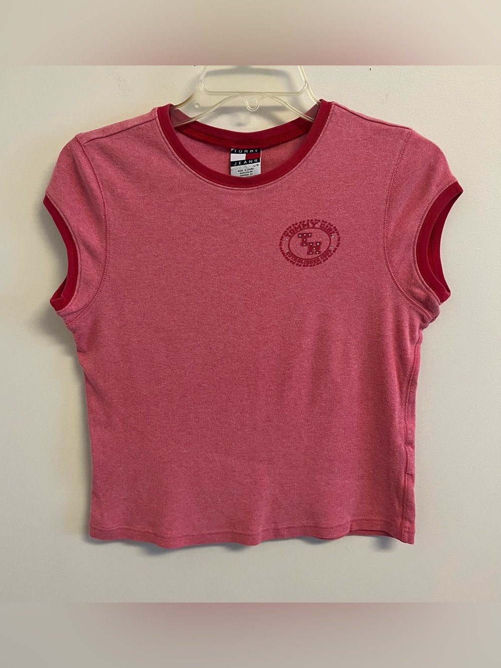 Vintage Tommy Jeans Women’s Baby Tee Large Red Cotton Y2K Boho